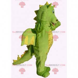 Mascotte de dragon vert et jaune, costume de dinosaure -