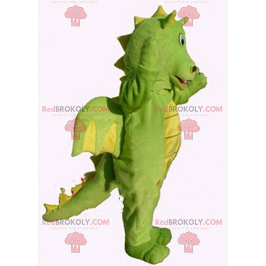 Green and yellow dragon mascot, dinosaur costume -