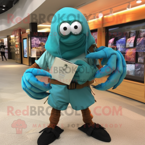 Teal Hermit Crab mascot costume character dressed with a T-Shirt and Shoe clips