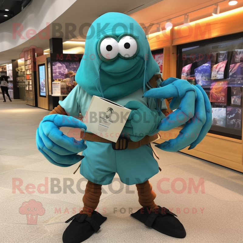 Teal Hermit Crab mascot costume character dressed with a T-Shirt and Shoe clips