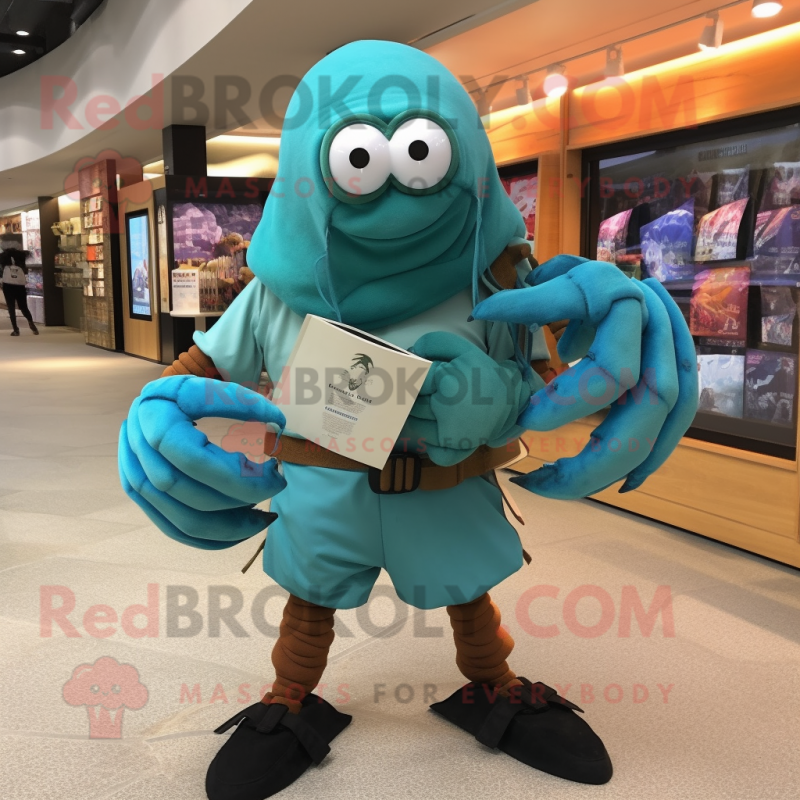 Teal Hermit Crab mascot costume character dressed with a T-Shirt and Shoe clips Teal Hermit Crab mascot costume character dressed with a T-Shirt and Shoe clips