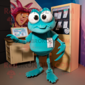 Teal Hermit Crab mascot costume character dressed with a T-Shirt and Shoe clips