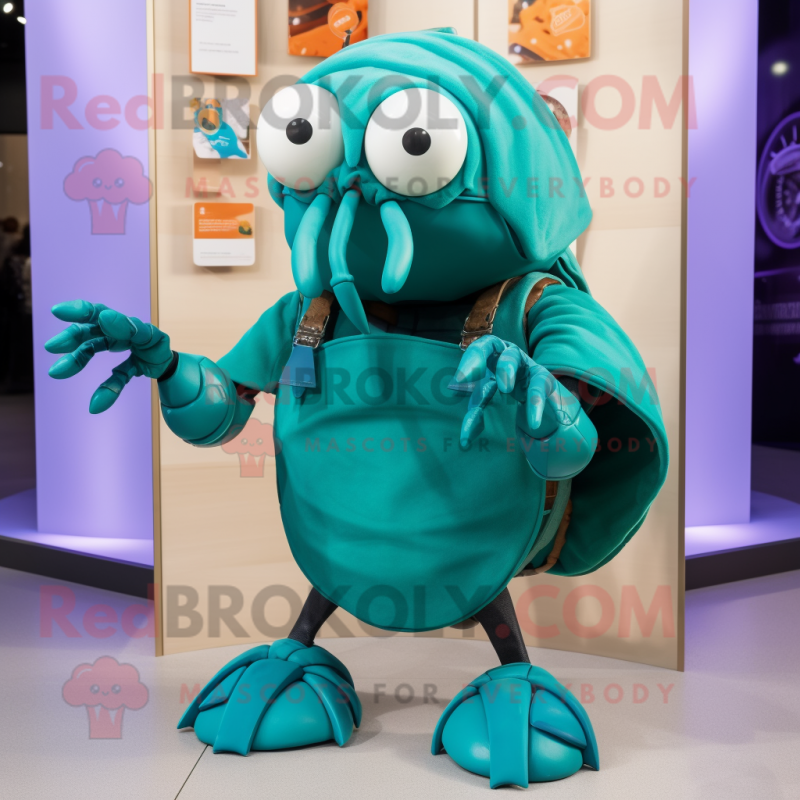 Teal Hermit Crab mascot costume character dressed with a T-Shirt and Shoe clips