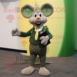 Olive Mouse mascot costume character dressed with a Skinny Jeans and Tie pins