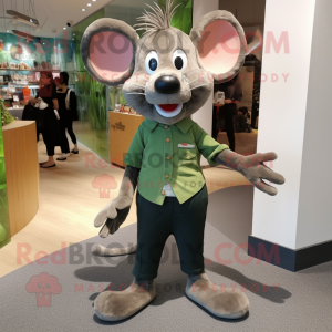 Olive Mouse mascot costume character dressed with a Skinny Jeans and Tie pins