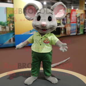 Olive Mouse mascot costume character dressed with a Skinny Jeans and Tie pins