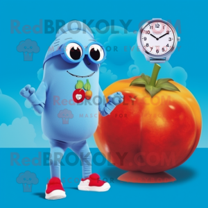 Sky Blue Tomato mascot costume character dressed with a One-Piece Swimsuit and Watches