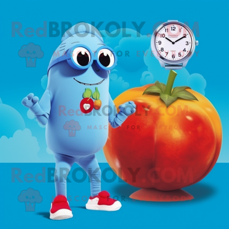 Sky Blue Tomato mascot costume character dressed with a One-Piece Swimsuit and Watches