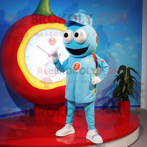 Sky Blue Tomato mascot costume character dressed with a One-Piece Swimsuit and Watches