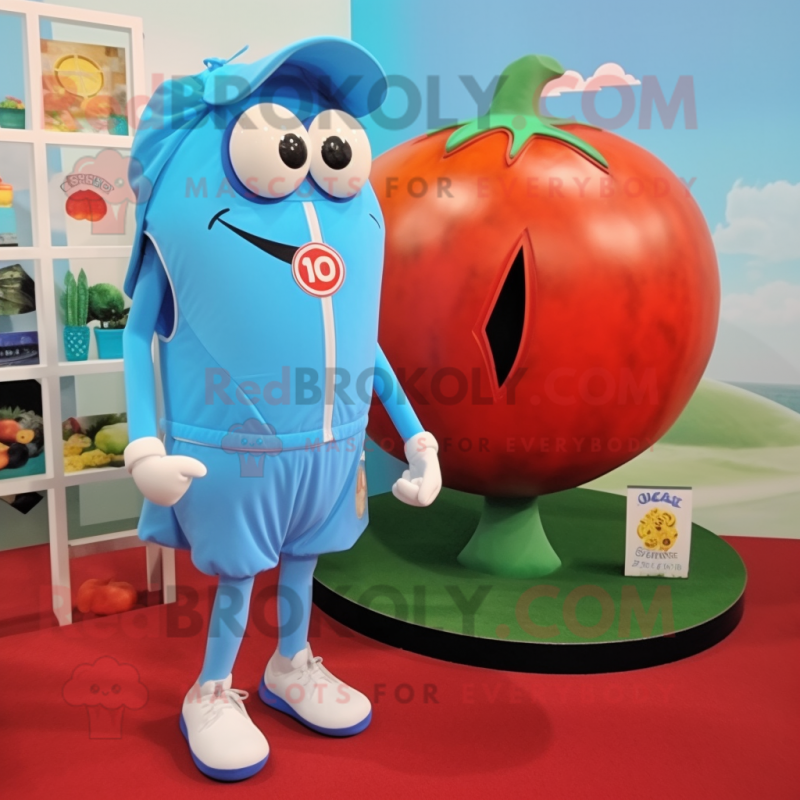 Sky Blue Tomato mascot costume character dressed with a One-Piece Swimsuit and Watches