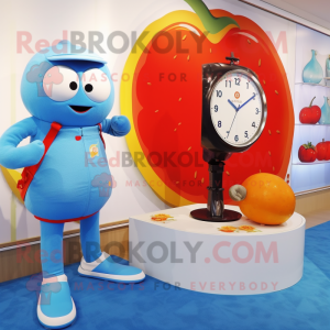 Sky Blue Tomato mascot costume character dressed with a One-Piece Swimsuit and Watches