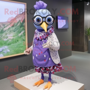 Lavender Woodpecker mascot costume character dressed with a Wrap Skirt and Eyeglasses