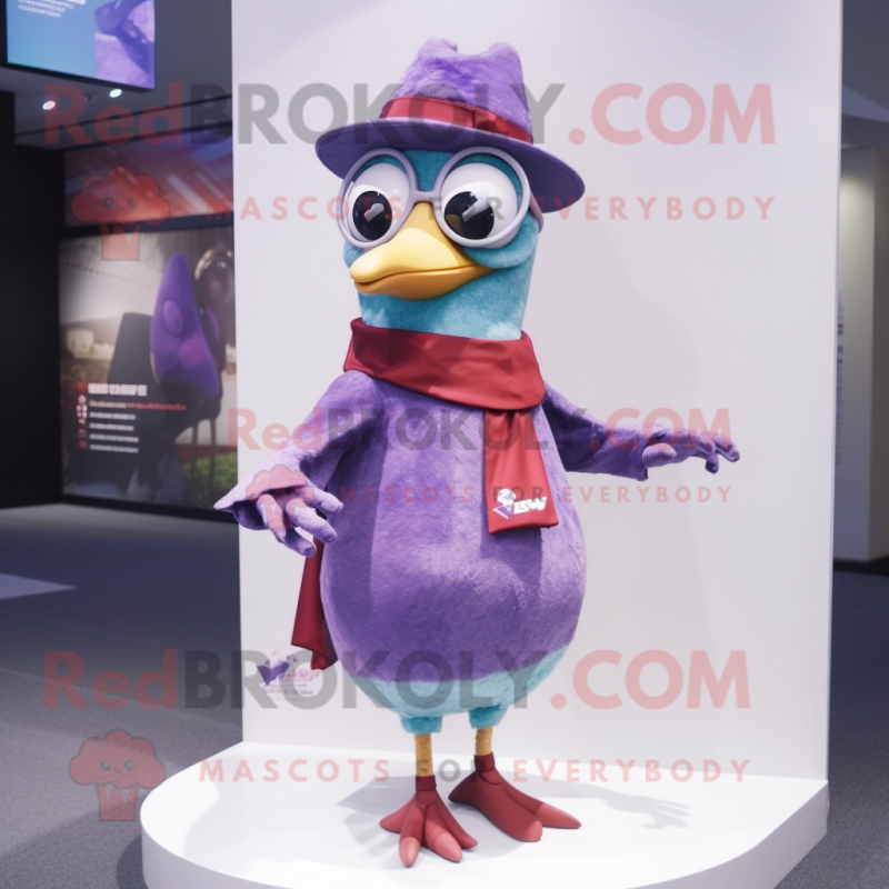 Lavender Woodpecker mascot costume character dressed with a Wrap Skirt and Eyeglasses Lavender Woodpecker mascot costume character dressed with a Wrap Skirt and Eyeglasses