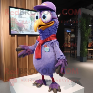 Lavender Woodpecker mascot costume character dressed with a Wrap Skirt and Eyeglasses