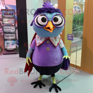 Lavender Woodpecker mascot costume character dressed with a Wrap Skirt and Eyeglasses