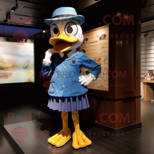 Blue Duck mascot costume character dressed with a Dress Shirt and Berets