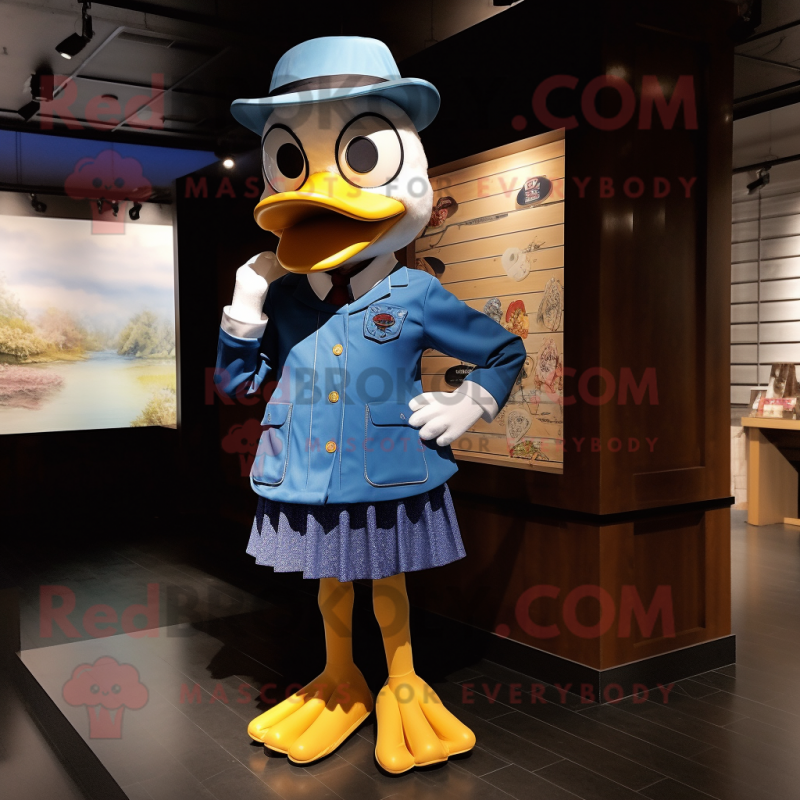 Blue Duck mascot costume character dressed with a Dress Shirt and Berets Blue Duck mascot costume character dressed with a Dress Shirt and Berets