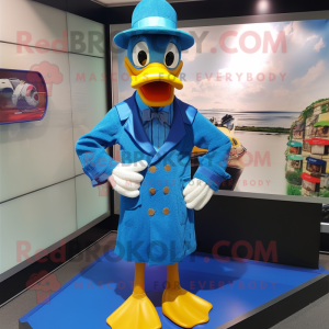 Blue Duck mascot costume character dressed with a Dress Shirt and Berets