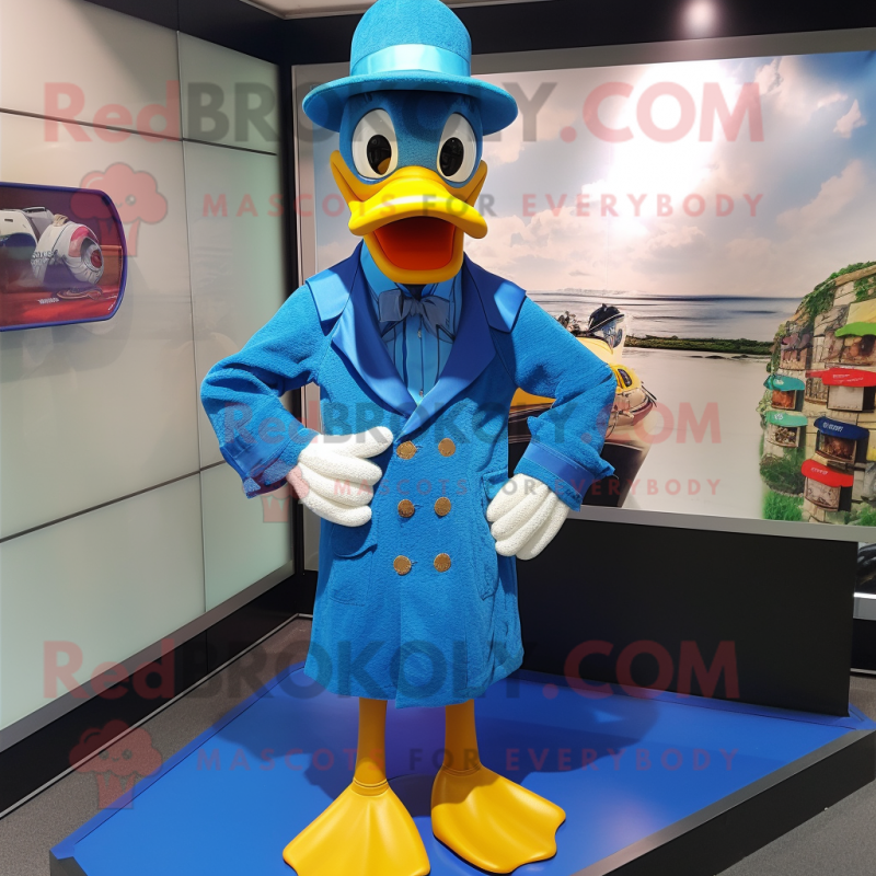 Blue Duck mascot costume character dressed with a Dress Shirt and Berets Blue Duck mascot costume character dressed with a Dress Shirt and Berets