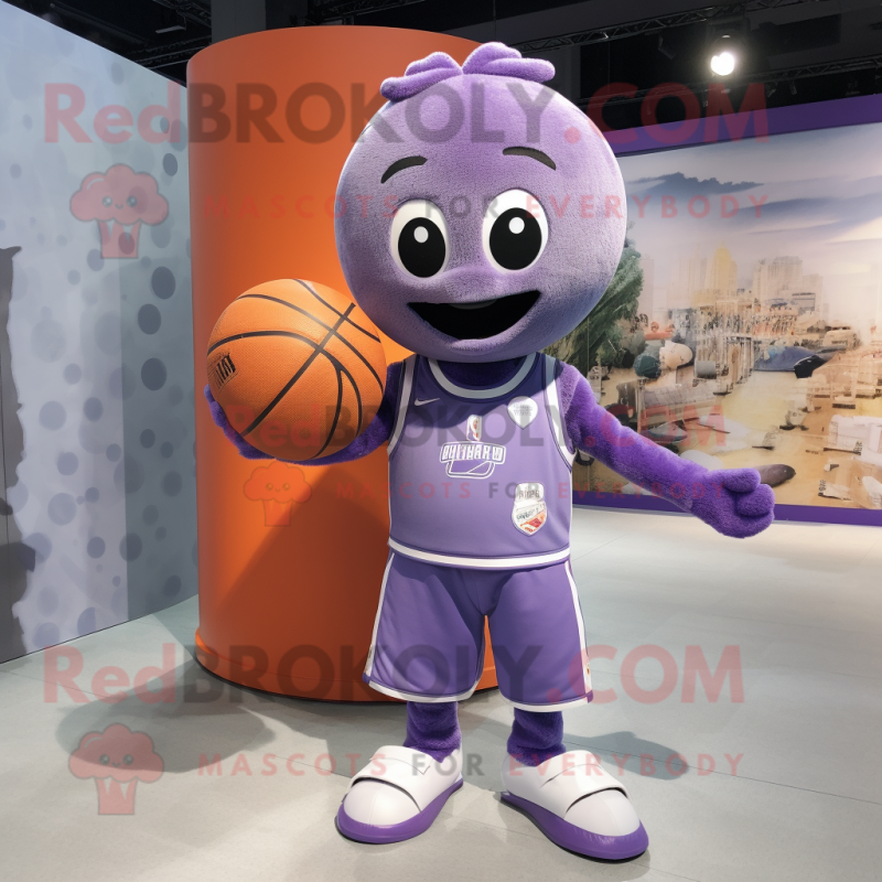 Lavender Basketball Ball mascot costume character dressed with a Jumpsuit and Mittens Lavender Basketball Ball mascot costume character dressed with a Jumpsuit and Mittens