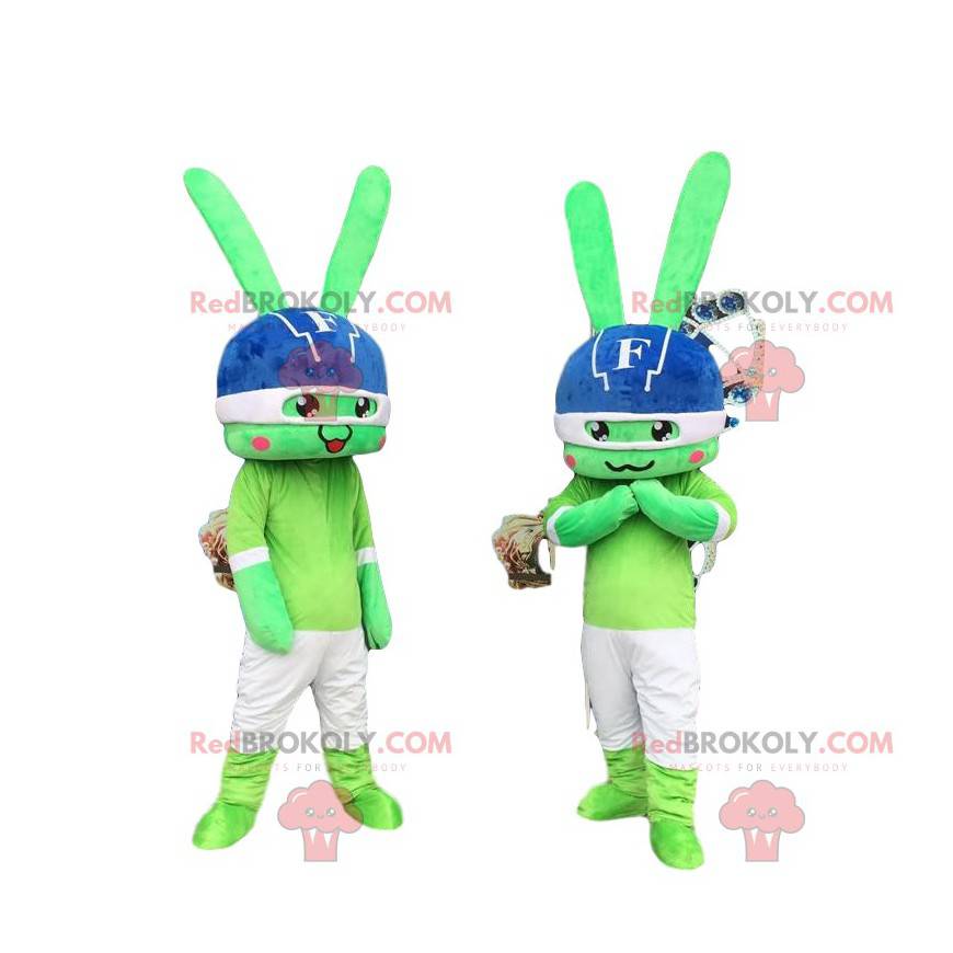 2 green rabbit mascots, rabbit costumes, shock duo -