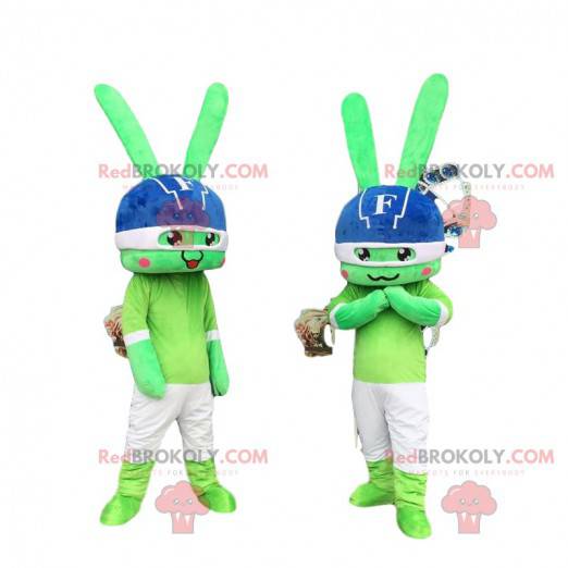 2 green rabbit mascots, rabbit costumes, shock duo -