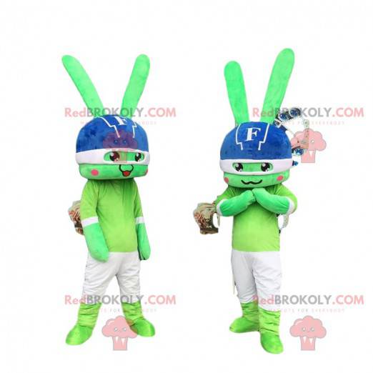 2 mascotes de coelho verde, fantasias de coelho, dupla de