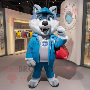 Blue Say Wolf mascot costume character dressed with a Jacket and Handbags