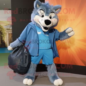 Blue Say Wolf mascot costume character dressed with a Jacket and Handbags