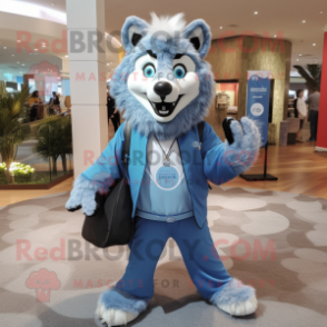 Blue Say Wolf mascot costume character dressed with a Jacket and Handbags