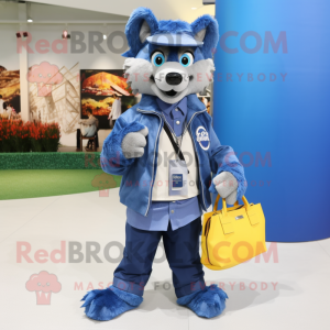 Blue Say Wolf mascot costume character dressed with a Jacket and Handbags
