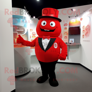 Red Pho mascot costume character dressed with a Suit and Suspenders