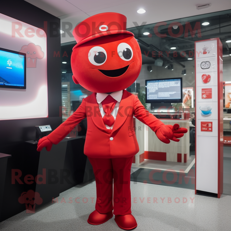 Red Pho mascot costume character dressed with a Suit and Suspenders