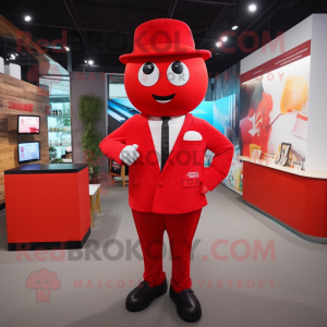 Red Pho mascot costume character dressed with a Suit and Suspenders