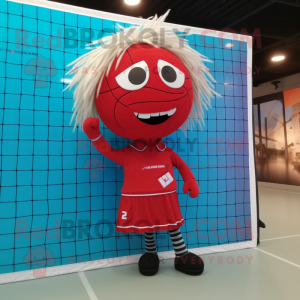 Red Volleyball Net mascot costume character dressed with a Chinos and Hair clips