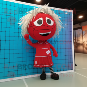 Red Volleyball Net mascot costume character dressed with a Chinos and Hair clips