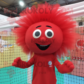 Red Volleyball Net mascot costume character dressed with a Chinos and Hair clips