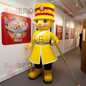 Yellow British Royal Guard mascot costume character dressed with a Mini Skirt and Anklets