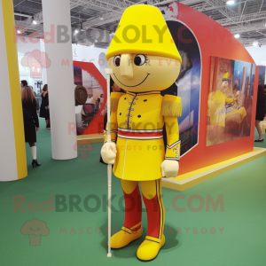 Yellow British Royal Guard mascot costume character dressed with a Mini Skirt and Anklets