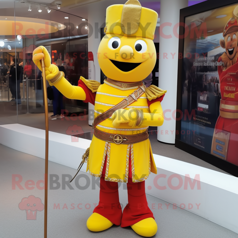 Yellow British Royal Guard mascot costume character dressed with a Mini Skirt and Anklets