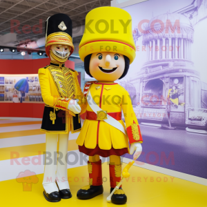 Yellow British Royal Guard mascot costume character dressed with a Mini Skirt and Anklets
