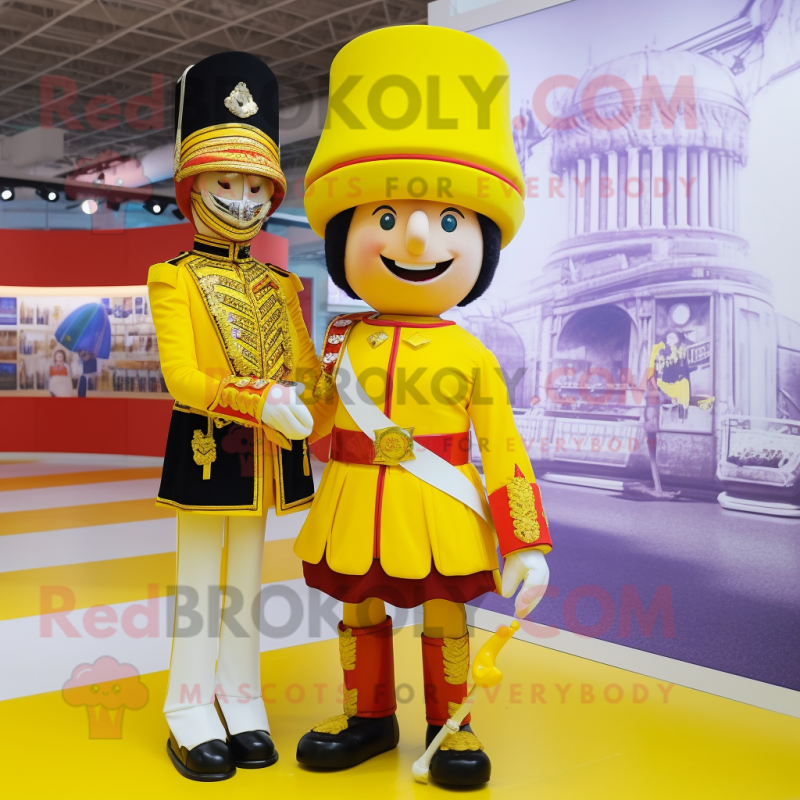 Yellow British Royal Guard mascot costume character dressed with a Mini Skirt and Anklets