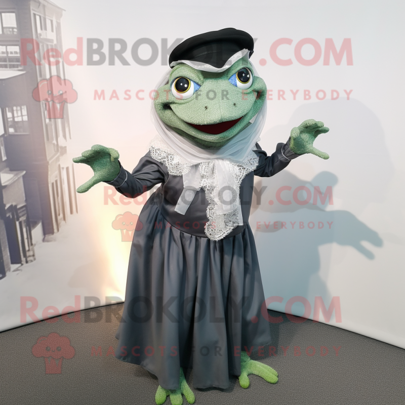 Gray Frog mascot costume character dressed with a Empire Waist Dress and Scarf clips