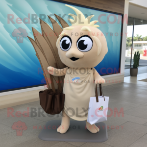 Beige Betta Fish mascot costume character dressed with a Swimwear and Tote bags