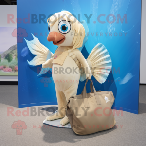Beige Betta Fish mascot costume character dressed with a Swimwear and Tote bags