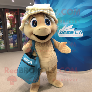 Beige Betta Fish mascot costume character dressed with a Swimwear and Tote bags