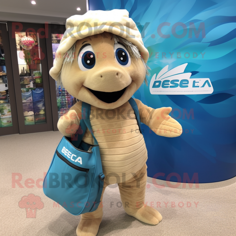 Beige Betta Fish mascot costume character dressed with a Swimwear and Tote bags Beige Betta Fish mascot costume character dressed with a Swimwear and Tote bags