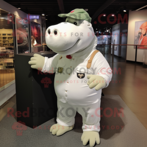 White Hippopotamus mascot costume character dressed with a Cargo Shorts and Hat pins