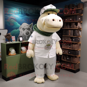 White Hippopotamus mascot costume character dressed with a Cargo Shorts and Hat pins