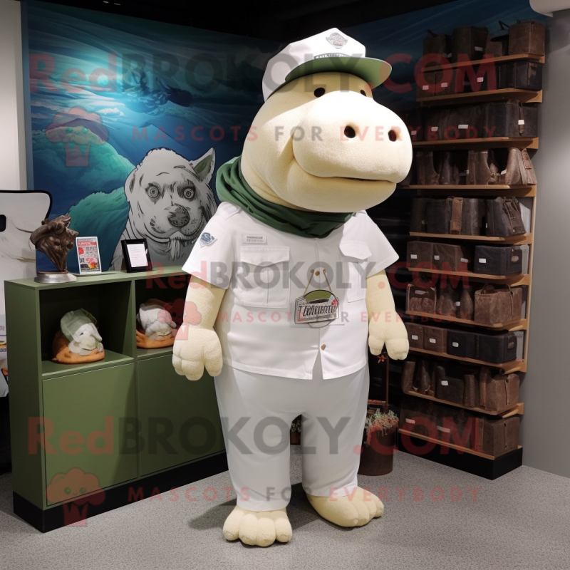 White Hippopotamus mascot costume character dressed with a Cargo Shorts and Hat pins White Hippopotamus mascot costume character dressed with a Cargo Shorts and Hat pins